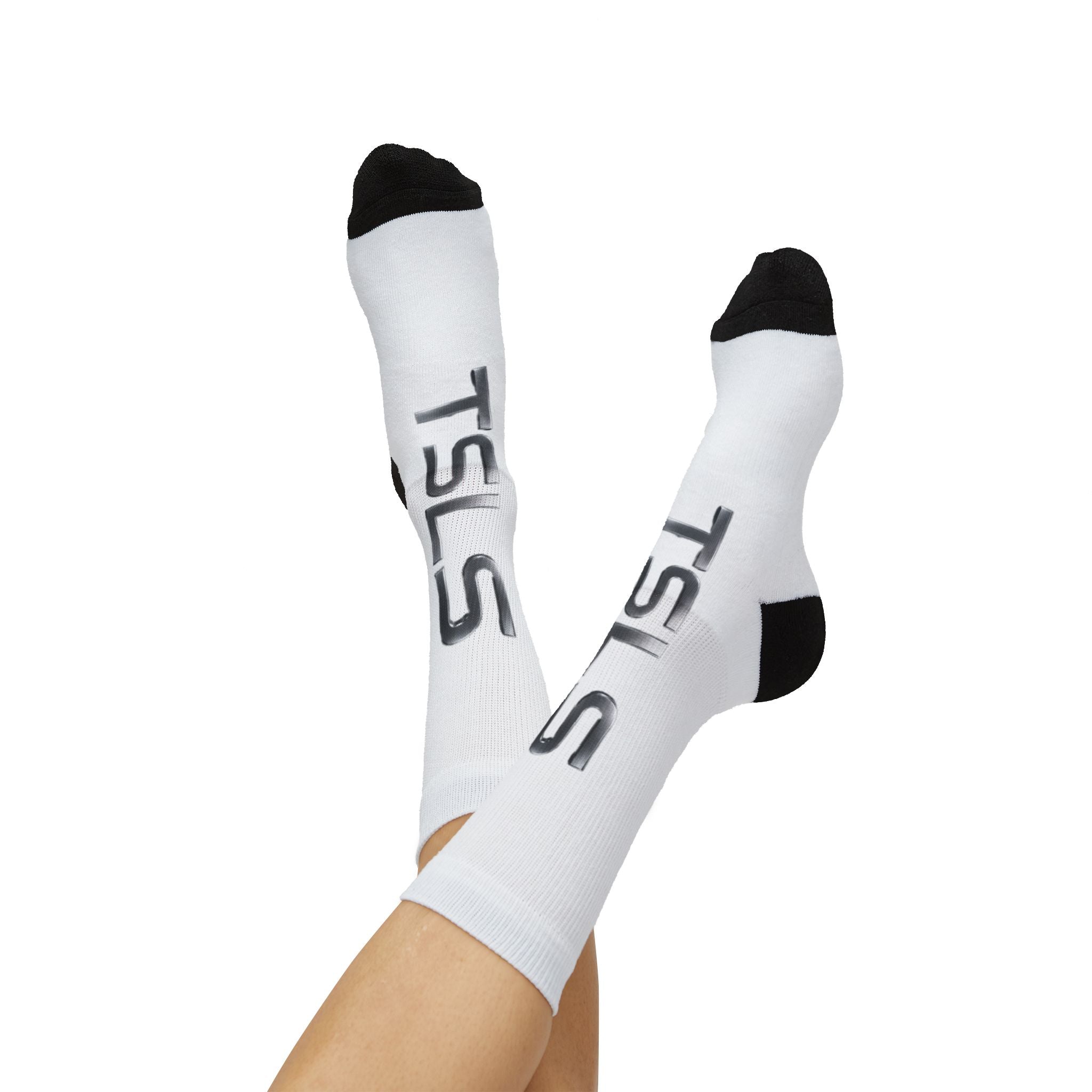 TSLS Sublimation Crew Socks — Custom White Athletic Socks with Side Logo