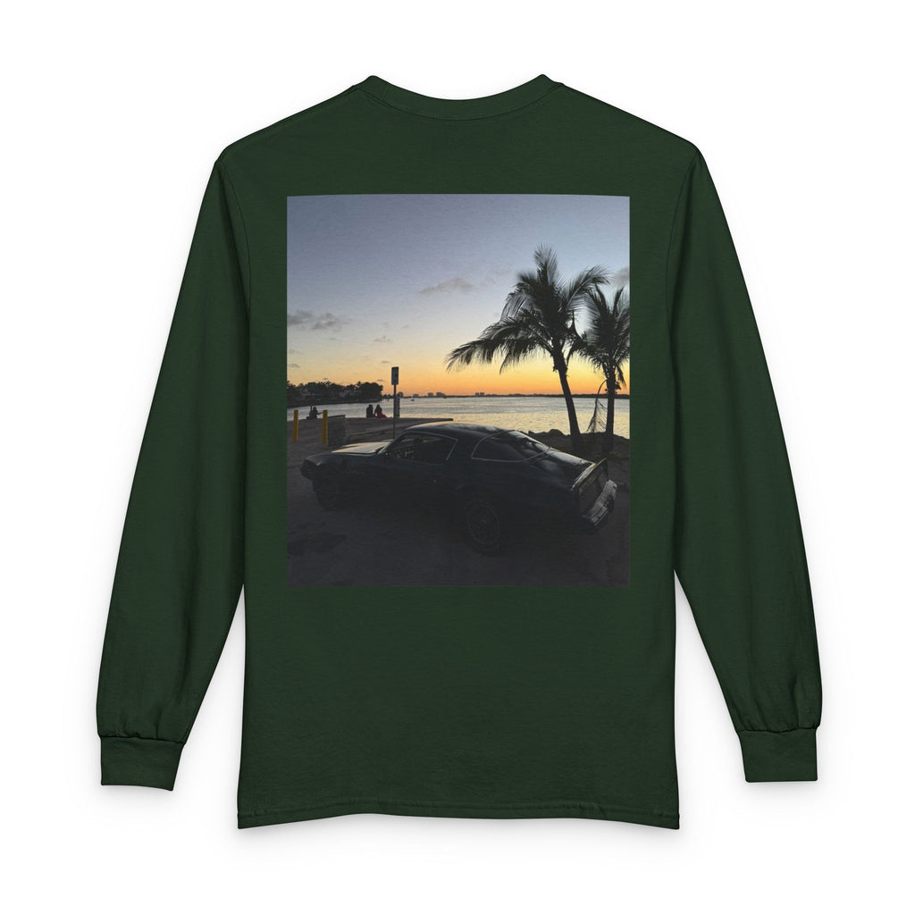 Sunset Drive Long Sleeve Tee — Beach Palm Photo Back Print