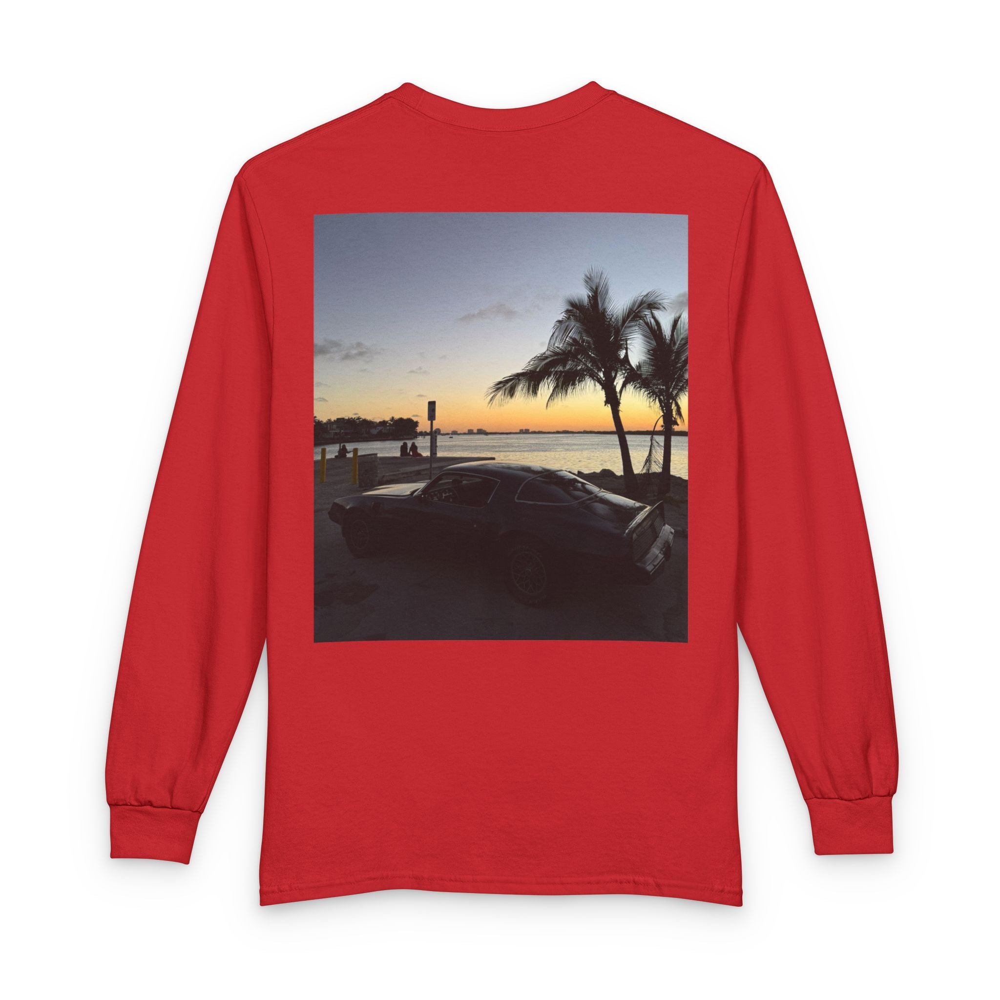 Sunset Drive Long Sleeve Tee — Beach Palm Photo Back Print