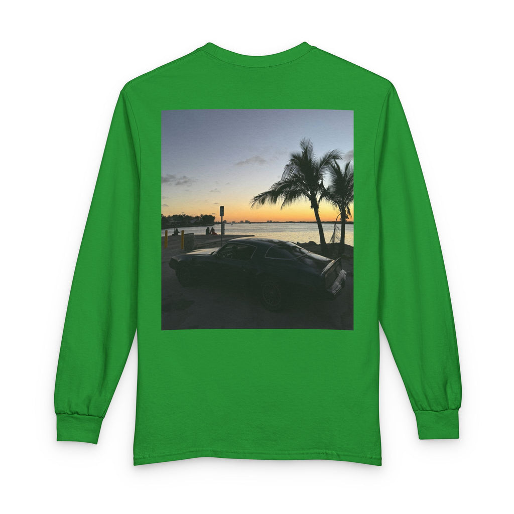 Sunset Drive Long Sleeve Tee — Beach Palm Photo Back Print
