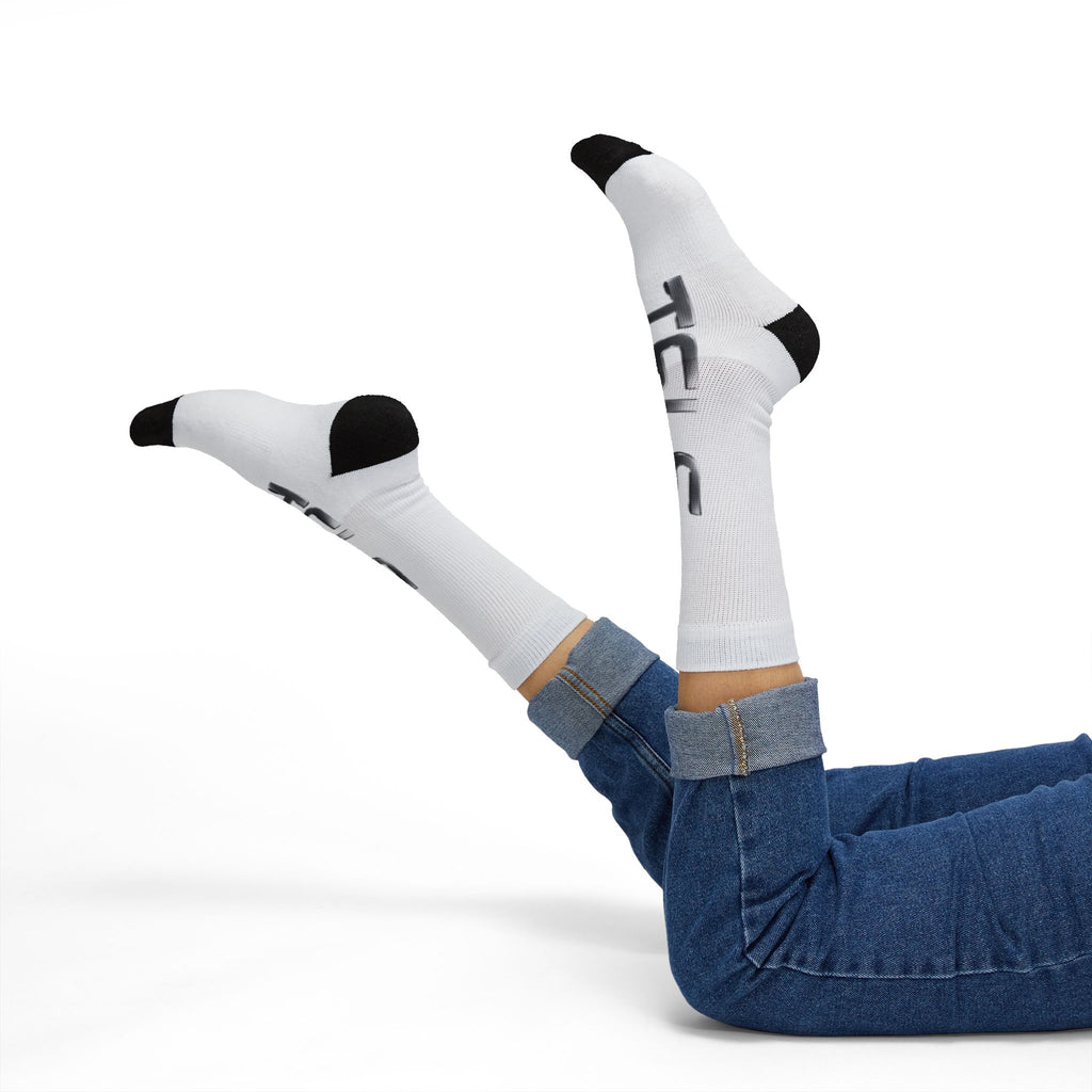 TSLS Sublimation Crew Socks — Custom White Athletic Socks with Side Logo