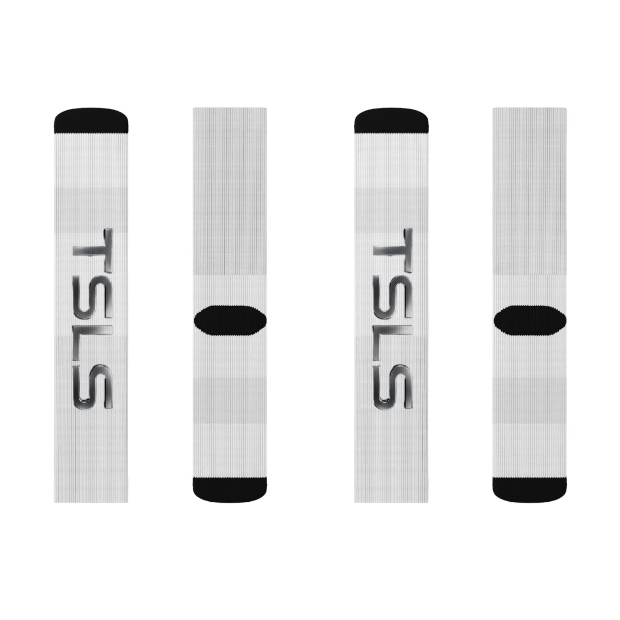TSLS Sublimation Crew Socks — Custom White Athletic Socks with Side Logo