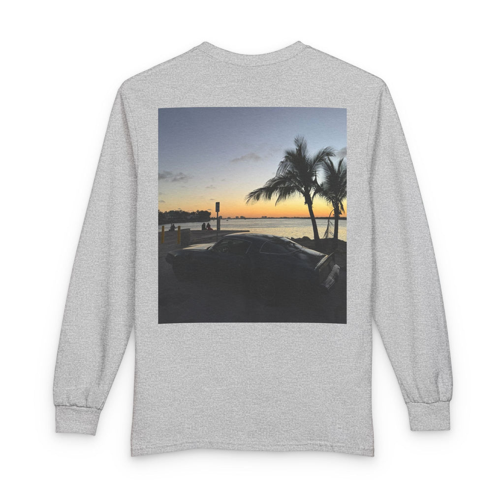 Sunset Drive Long Sleeve Tee — Beach Palm Photo Back Print