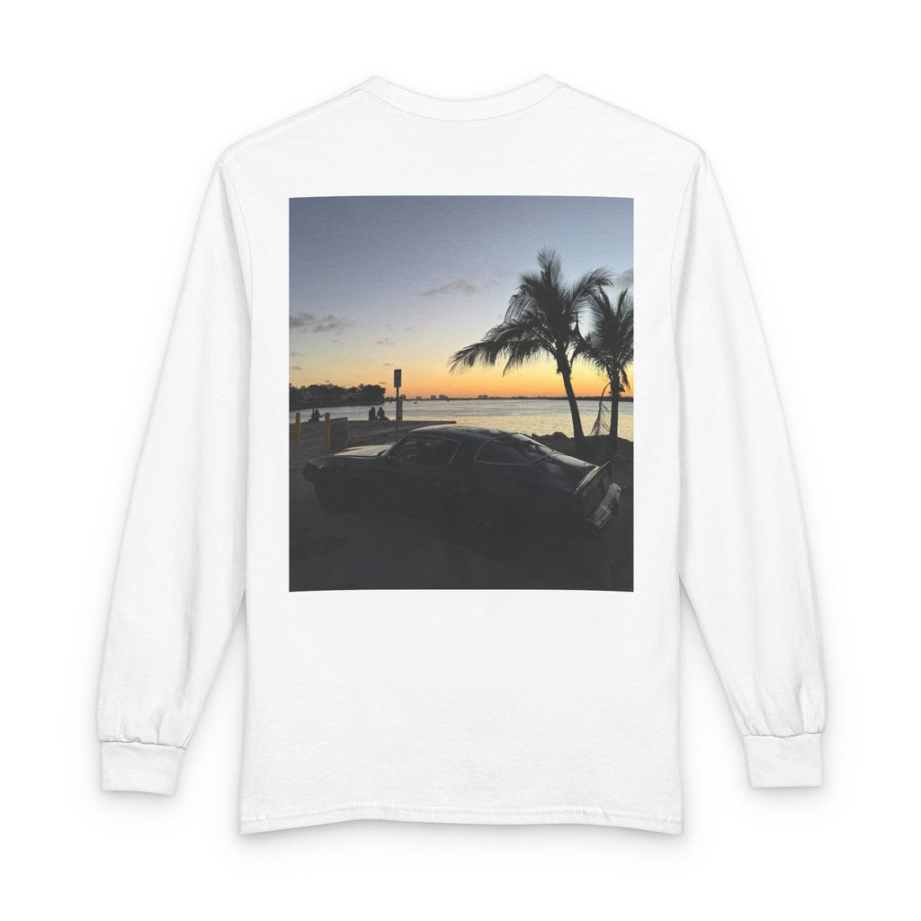 Sunset Drive Long Sleeve Tee — Beach Palm Photo Back Print