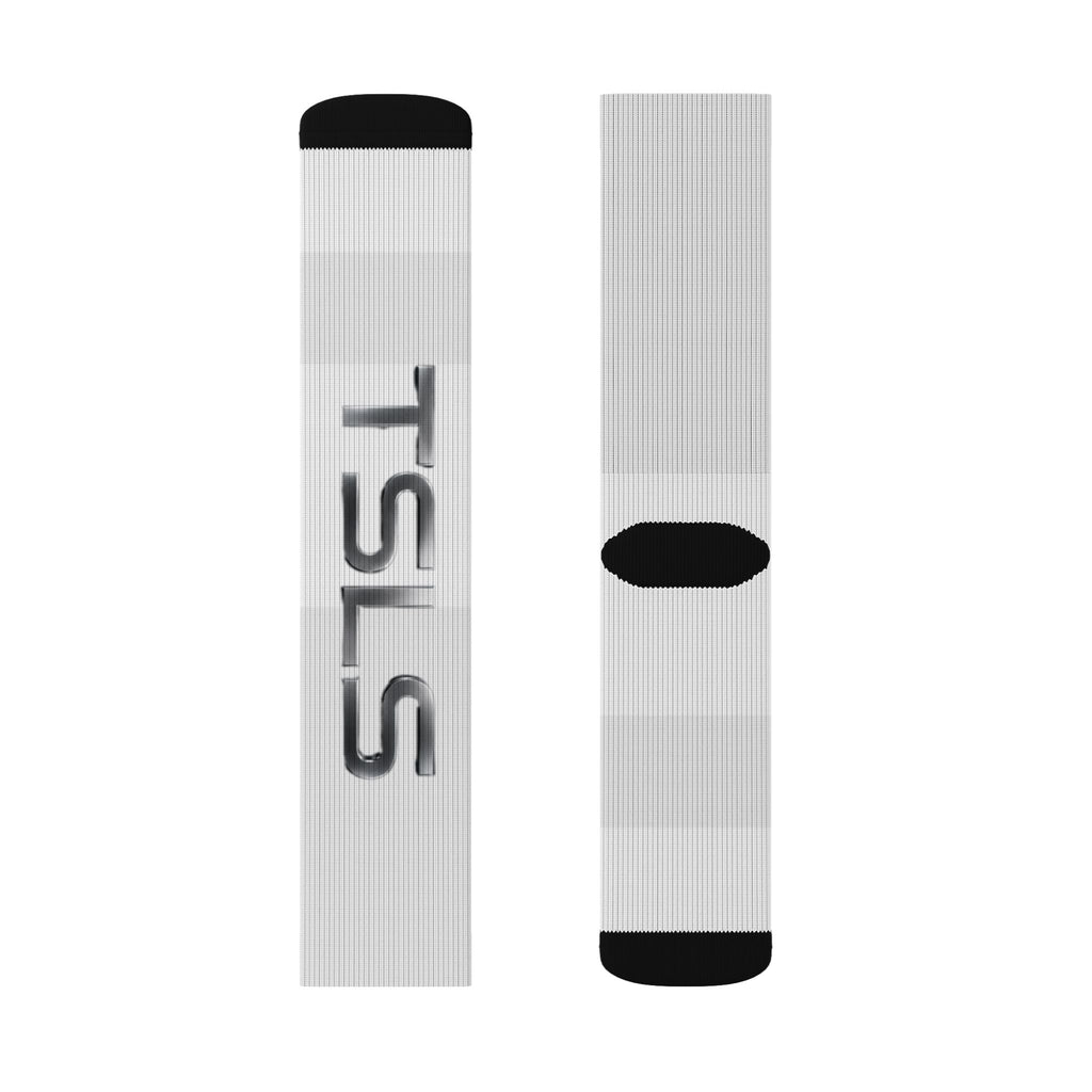 TSLS Sublimation Crew Socks — Custom White Athletic Socks with Side Logo