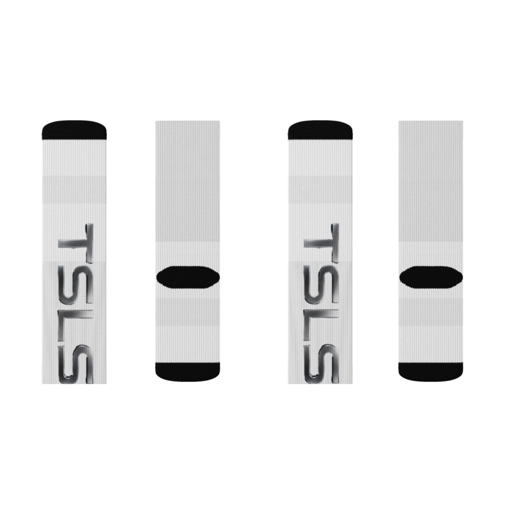 TSLS Sublimation Crew Socks — Custom White Athletic Socks with Side Logo