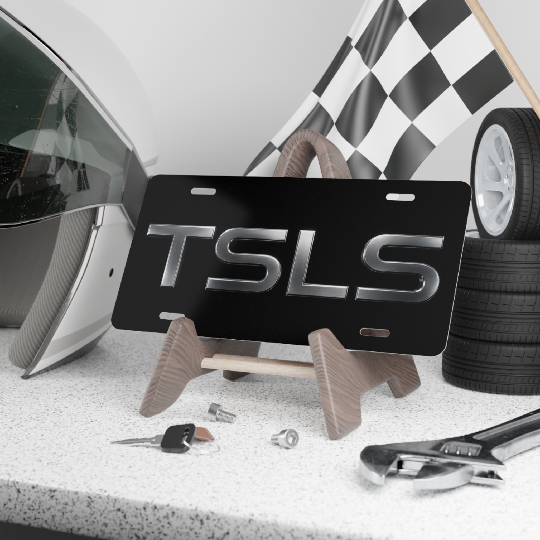TSLS Chrome Vanity Plate – Custom Black or Brushed Metal License Tag